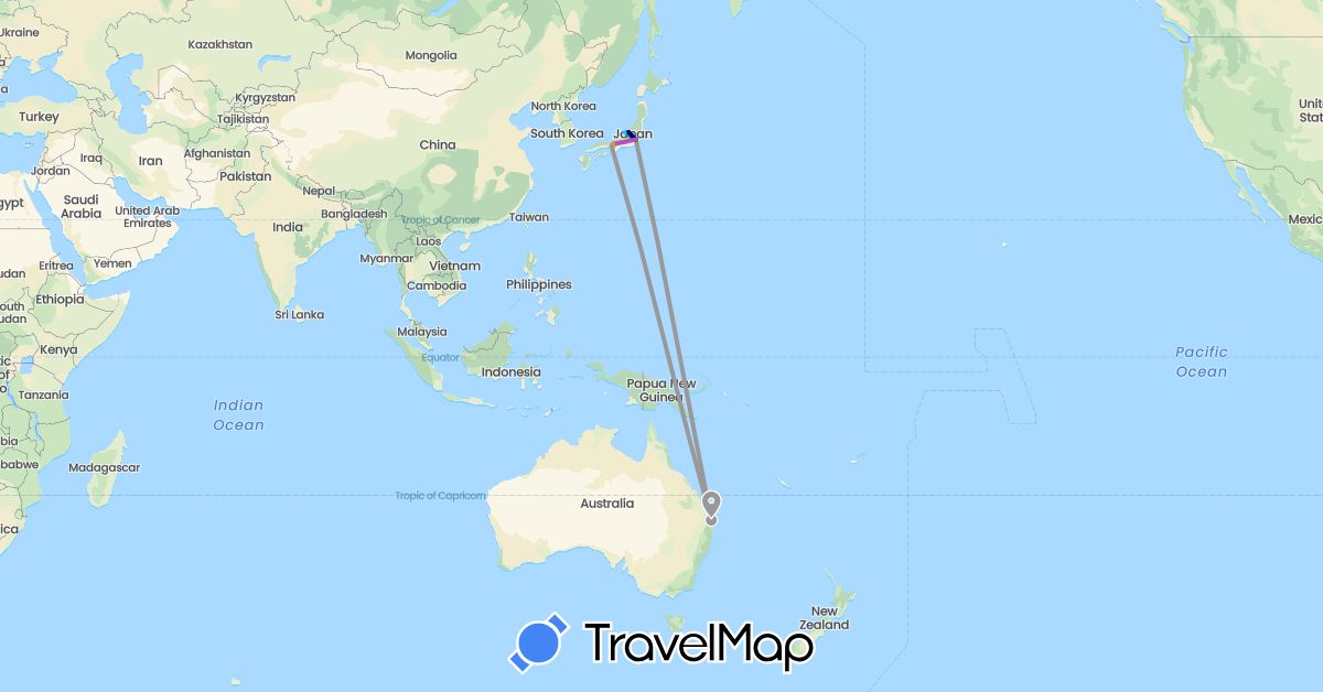 TravelMap itinerary: driving, bus, plane, train, boat, hitchhiking in Australia, Japan (Asia, Oceania)
